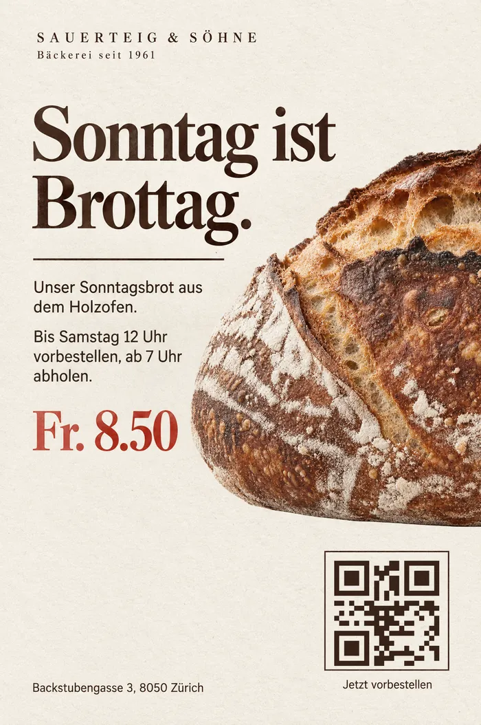 Flyer der Bäckerei Sauerteig und Söhne: Sonntag ist Brottag, Fr. 8.50, mit QR-Code