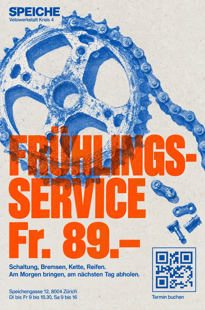Risograph-Flyer der Velowerkstatt Speiche: Frühlingsservice für Fr. 89.– mit QR-Code