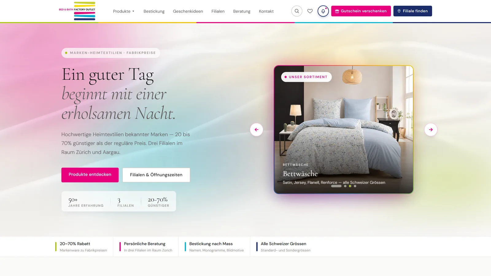 Startseite von bettundbad.ch mit Produktkarussell für Bettwäsche