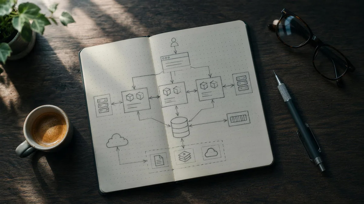Handskizze einer Software-Architektur in einem Notizbuch, daneben ein Espresso