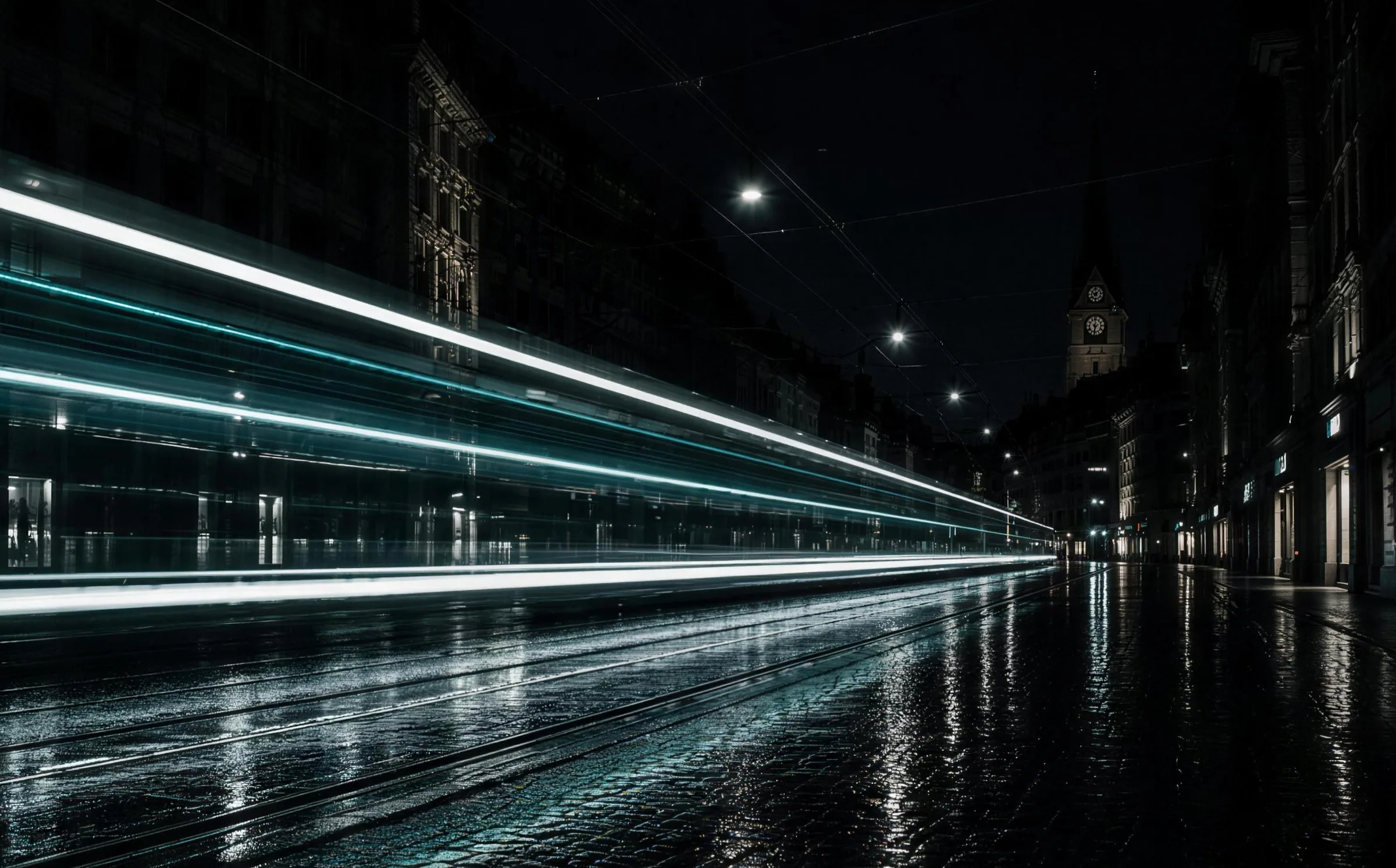 Lichtspuren eines Trams in der Zürcher Bahnhofstrasse bei Nacht