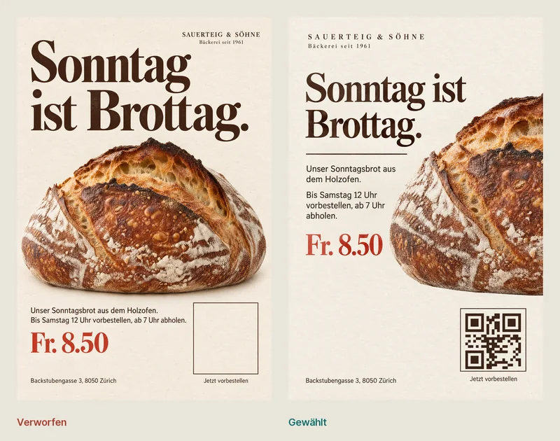 Verworfen und gewählt: links der glatte Entwurf mit dem Brot in der Mitte, rechts die Variante mit Anschnitt und Weissraum.
