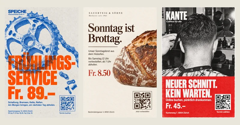 Drei Flyer, drei Charaktere: Risograph für die Velowerkstatt, Editorial für die Bäckerei, Strassenplakat für den Coiffeur. Alle Geschäfte sind erfunden.